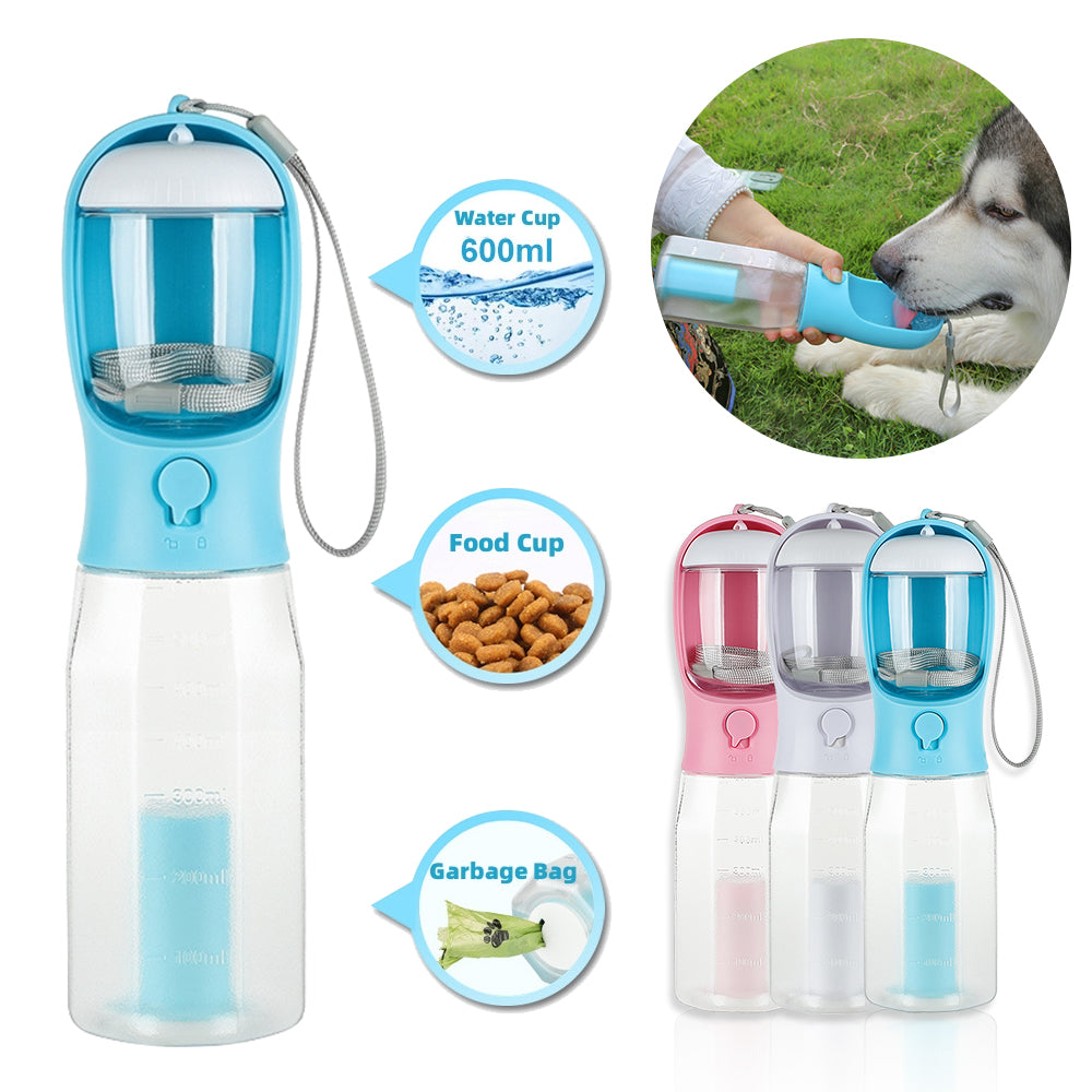 Portable 3 in 1 Water Bottle for Dogs and Cats - Water Feeder, Food Feeder, Poop Dispenser